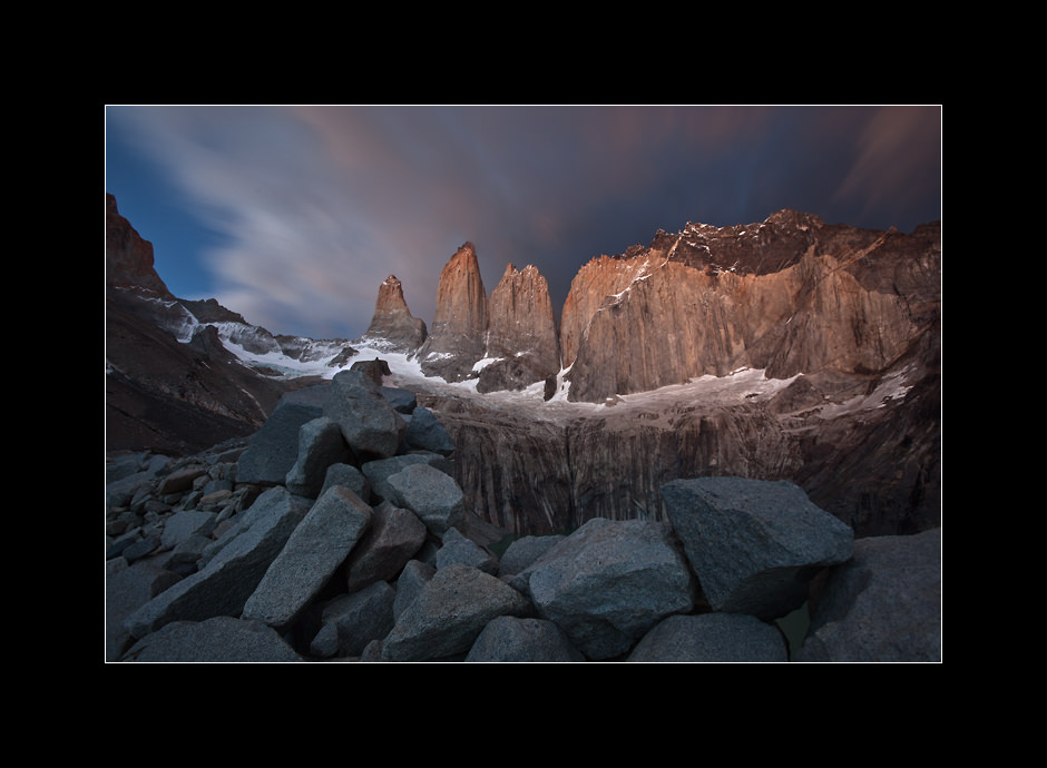 Granite rocks on glacial moraine below the famous spires of Torres del Paine National Park, Patagonia, Chile.