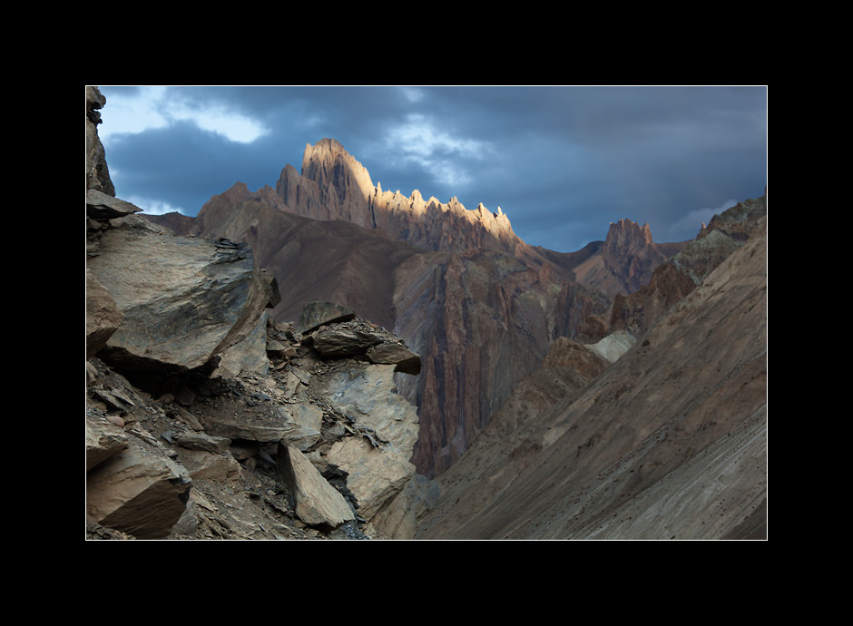 The peaks above Askuta gorge near the village of Phonjila, Ladakh, Jammu and Kashmir, India.